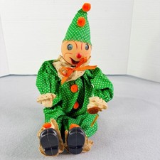 Handmade Clown Wood Block Shelf Sitter Rubber Face Kitchy Circus Green Polkadot picture