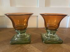 VTG Pair Of Recycled Amber & Green Glass Candle Holders picture