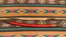 Antique Indian Tulwar Sword Engraved Blade Brass Bird Hilt Red Velvet Scabbard picture