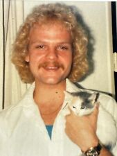 JC Photograph Handsome Blonde Curly Headed Man Holding Little Kitty Kitten Cat picture