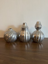 Vintage Modernist Aluminum Vase Set of 3 Ribbed Sculptural Silver Bud Vases MCM picture