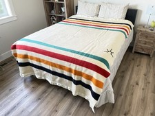 Vtg Baron Woolen Mills Rising Sun Wool Blanket Striped Satin Trim Embroidered picture