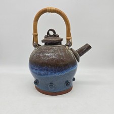 Vintage Hand Thrown Bamboo Handle Teapot Retro Blue and Brown Artist Signed picture