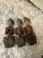 3 Hand Carved Thai Asian Wooden Musicians vintage made in Thailand picture