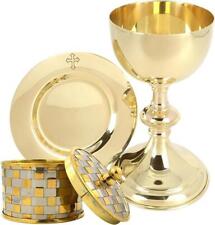 High Polished Brass Engraved Chalice and Paten Set With Pyx for Church 6 In picture