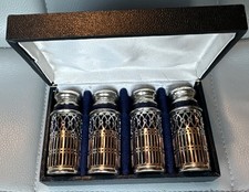 Vintage Cobalt Blue Glass Salt Pepper Shakers Set of 4 Silver Tone Holders Case picture