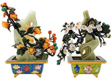 Miniature Palace Style Jade Flower Bonsai in Cloisonne Planters 百寶花卉青玉假山小盆景(一對） picture
