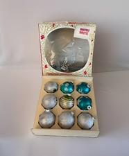 VTG Shiny Brite 9 Mercury Glass Christmas Ornaments USA Glitter Teal Silver Box picture