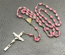 Vintage Pink Glass Bead Rosary with Silver-Tone Crucifix 26” Necklace picture
