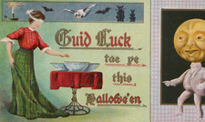 Hofmann Good Luck This Halloween Blindfold Moonman Black Cats Bats Owl Postcard picture