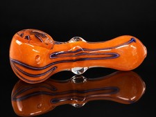 Mini Glass Tobacco Hand Pipe Orange Blue Swirl Pocket Size 2+ Inch picture