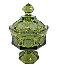 VTG Fostoria Olive Green Coin Glass Candy Wedding Bowl w/Lid & Pedestal 8.5