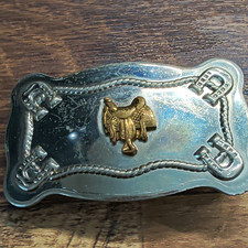 Vintage Justin Nickel Silver Western Americana Belt Buckle with Saddle Emblem picture