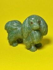 Vintage Hand Carved Genuine Jade Pekingese Dog Figurine Inset Eyes Workshop Mark picture