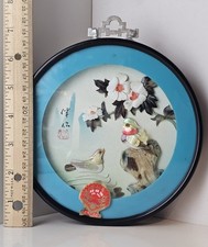 Vintage Asian Round Shadow Box Mother of Pearl Birds Shell Flowers Wall Art Song picture