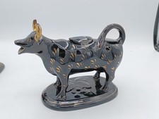Antique Jackfield Pottery Cow Bull Creamer Glossy Black With Original Lid picture