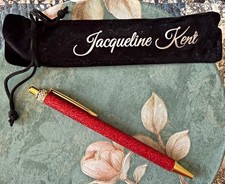 Jacqueline Kent Red Glitter Ballpoint Pen Black Ink Gold w/ Pouch picture