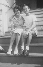 1940s Cute Couple Pretty Woman Handsome Man Sitting Porch Steps Embrace Smiling picture