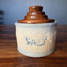 Antique Blue & White Butterfly Hanging Salt Cellar Keeper Crock Stoneware & Lid picture