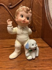 Vtg Josef Originals Ceramic Bare Bottom Boy w/ Blue Pup Wearing Holly Berry Bow picture