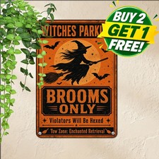 Witch Broom Parking Only Sign Spooky Halloween Porch Decor Metal Tin Plaque picture