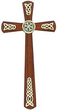 Antiqued Tone Walnut Wood Wall Cross with Gold Tone Celtic Plaque Center ,12 In picture