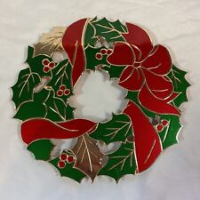Vintage Christmas Wreath Footed Trivet Gold Tone Red Ribbon Holly RH Macy & Co picture