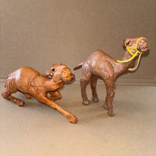 Set of 2 Vintage Leather Wrapped Camels Figures Saddle & Glass Eyes #E picture
