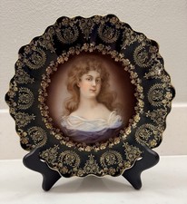 Antique 9” ZS&C Bavarian Portrait Plate Of  Woman -  Black & Gold Rimmed Plate picture