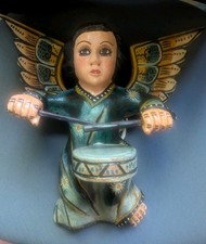 Vintage Mexican Guerrero Folk Art Wood Angel Cherub Hand Carved Painted Large picture