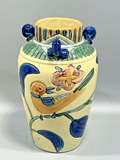 VTG Magolica Hand Painted Ceramic Pottery Japanese Vase Bird & Floral Motif 8