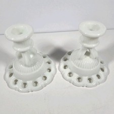 Vintage Milk Glass Candle Holders Open Lace Pierced Base Taper Pair 4.5 in picture