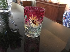 Victorian Art Glass Cranberry Dot Optic Enamel Floral Decorated Tumbler picture