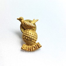 Vintage Golf Birdie Pin Bird Perched on Ball Sculpted Gold Tone Metal Golfer picture
