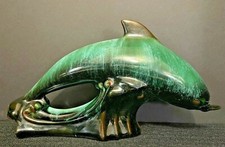  Green Dolphin On A Wave Red Clay Ceramic 12.5 x 7