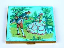 Antique Vintage Victorian Guilloche Enamel Compact Colonial Woman & Man Scene picture