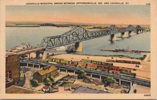 Linen PC Jeffersonville Indiana Louisville Municipal Bridge & Town Scene 1940s picture