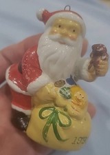 Ceramic Santa Claus Christmas Tree Ornament Yellow Gift Sack Teddy Bear 1991 Vin picture