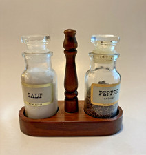 VTG Wagner Salt & Pepper Shaker Glass Set Wood Holder Farmhouse  Cottage Core picture