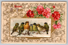 c1910s Birds Flowers A Happy New Year Greetings Embossed Antique Postcard picture