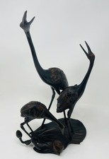 Vintage Japanese Bronze Crane Family Sculpture on Lotus Leaf Lilypad Base 17.5” picture