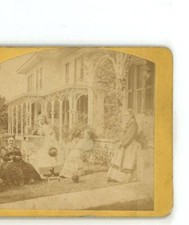 Women outside Large Residence Unknown Location Stereoview picture