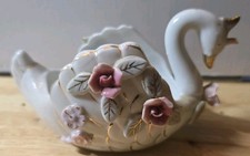 Vintage Japan Porcelain Swan Planter Applied Pink Roses Flowers Gold Trim picture