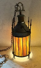 Vintage XL Medieval Gothic Hanging Lamp Light Slag Glass Tudor Cathedral picture