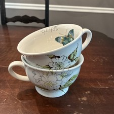 2-Anthropologie Butterfly Study Mug Ceramic Tea Coffee Cup Large Pedestal 4.75