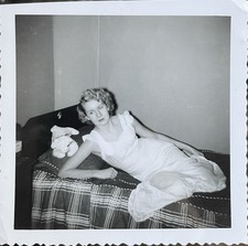Vintage Photo Beautiful Woman in Nightgown w/ Lamb Chop 1950s picture