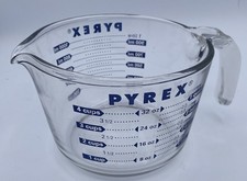 Vintage Pyrex 4 Cup 1 Qt. Blue Lettering Glass Liquid Measuring Cup Made In USA picture