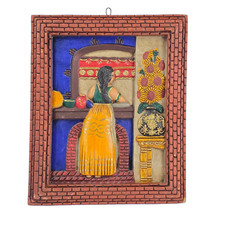 Vintage Mexican Folk Art Terracotta Sculpted Painting 12x10 Gold 3.7lbs EUC Rare picture
