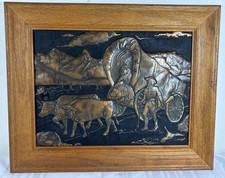 Vintage Copper Relief Western Ox Cart Scene Wall Art 20”x16” Framed picture