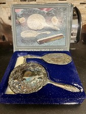 Ornate Silver Plated 3 Piece Dresser Vanity Set Hand Mirror Brush Comb NOS VTG picture